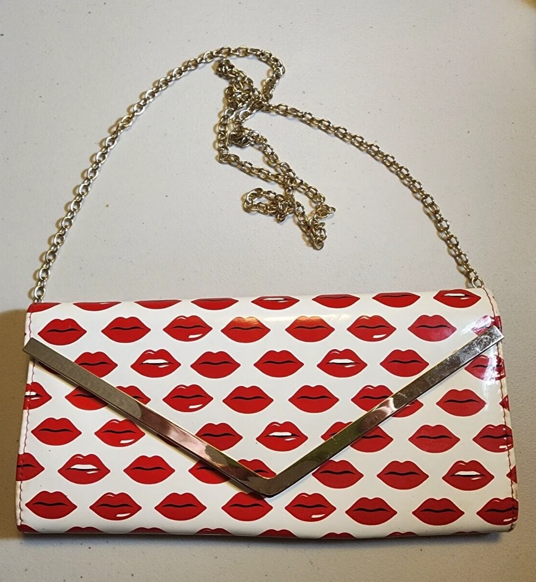 Aldo Red Kiss Lip Clutch gold chain strap crossbody purse bag