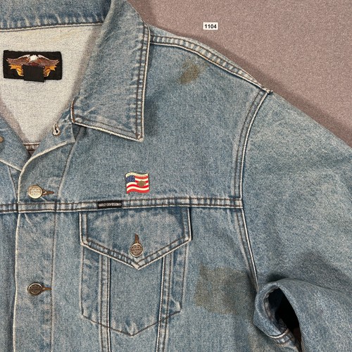 Vintage 90s Harley Davidson Mens XX-Large Blue Denim Embroidered Trucker Jacket - Picture 4 of 18