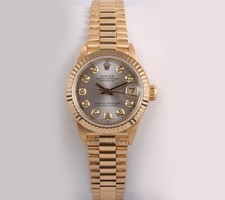 Rolex Lady Datejust 26mm President 18K Yellow Gold Fluted Silver Diamond Dial 5
