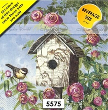 (5575) TWO Paper BEVERAGE / COCKTAIL Decoupage Art Craft Napkins BIRDHOUSE ROSES