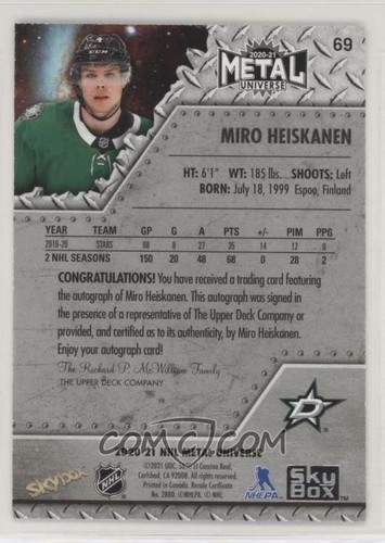 MIRO HEISKANEN 2020-21 Metal Universe Autograph Auto Insert #69 Dallas Stars - Picture 2 of 2