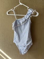 Zealand Snapper Rock one shoulder one piece girls swimsuit, girls 8 pom pom s