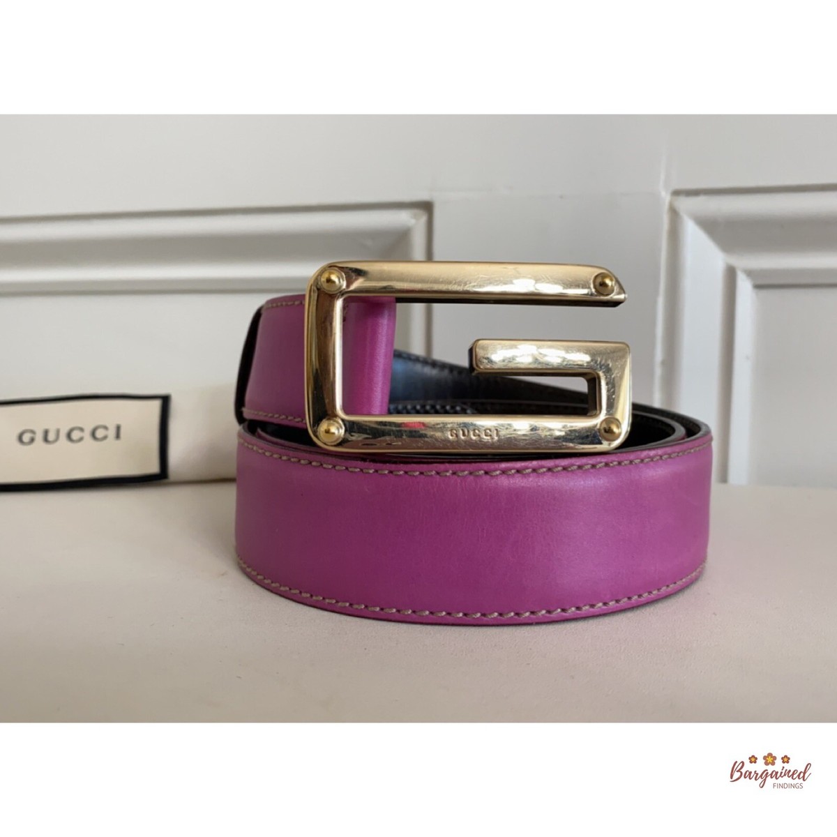 GUCCI ピンクレザー ベルト サイズ85 Authentic Gucci Dark Pink Leather Gold G Logo Buckle Belt