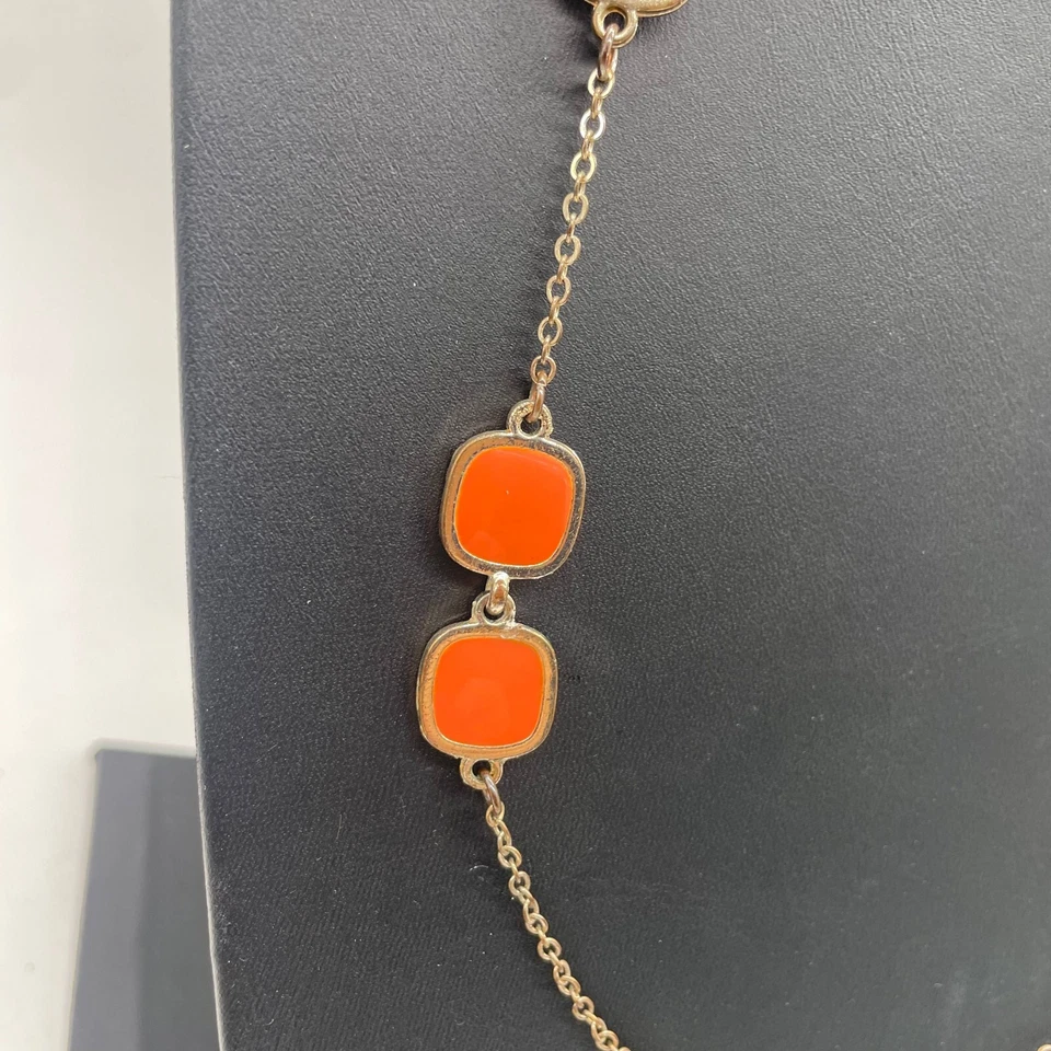 Ann Taylor Orange Enamel Station Chain Long Necklace Gold Tone Lobster Closure - Image 2 of 4