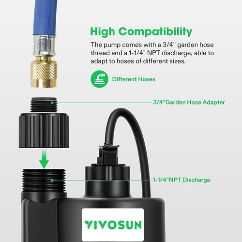 VIVOSUN Submersible Water Pump 1/3HP 1980GPH Thermoplastic Sump Pump w/10ft Cord - Picture 4 of 7