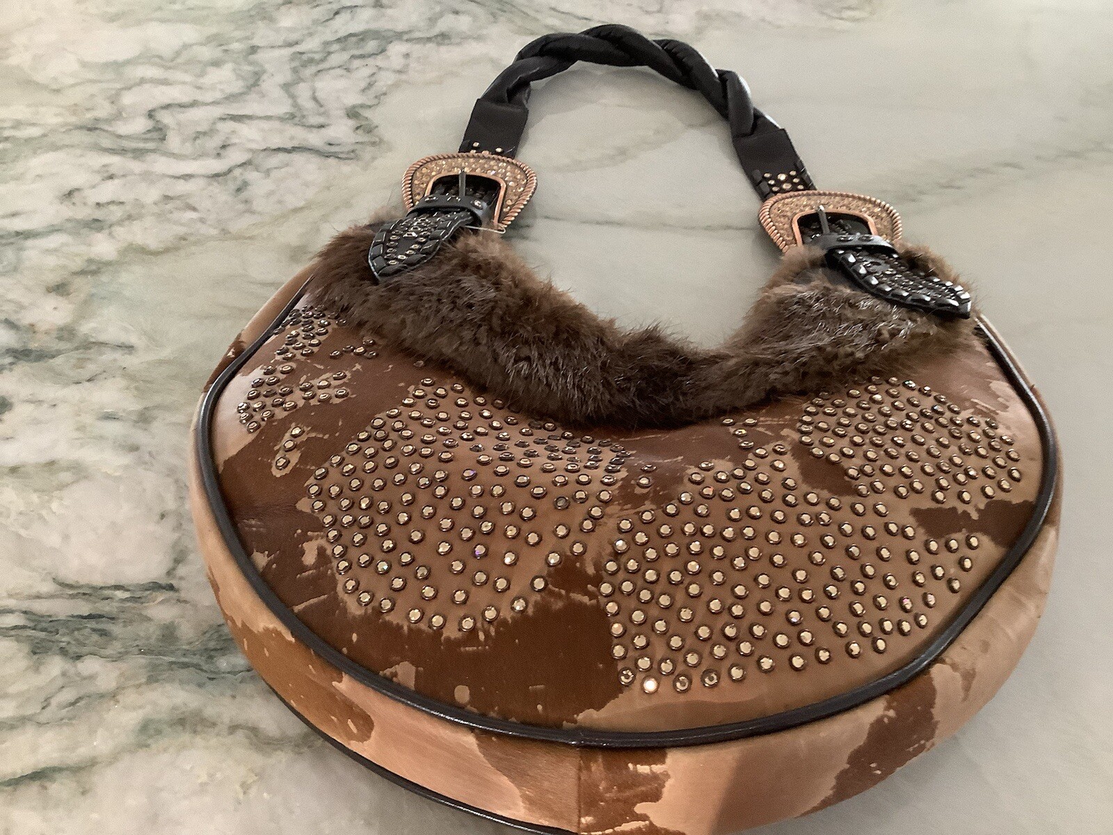 Kippy's "Coranado" Steer Hide/Fur/Crystals Handbag Hobo Rare image 5