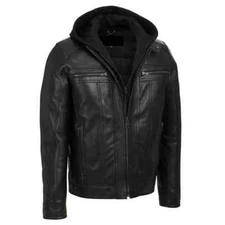 Men's Removable Hood Black Hooded Bomber Jacket Real Lambskin Leather Winter Co