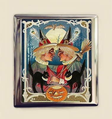 witches and cigarettes Two Witches Cigarette Case Business Card ID Holder Wallet Vintage Halloween  Art