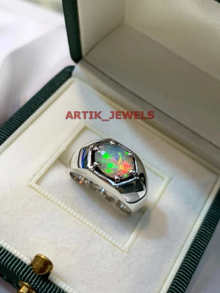 Piedra preciosa de ópalo de fuego natural con anillo de plata de ley 925 para hombre #195 Foto 2 de 4