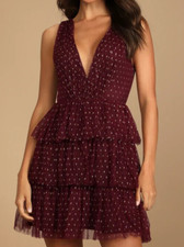 Lulus Womens Large Dress Burgundy Gold Dotted Mesh Tiered Mini V Neck Zip Tulle