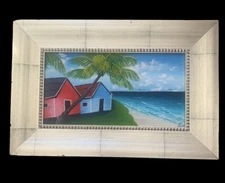Tropical Original Painting Beach Palm Trees Scene 13”x19” Framed & Artist Signed