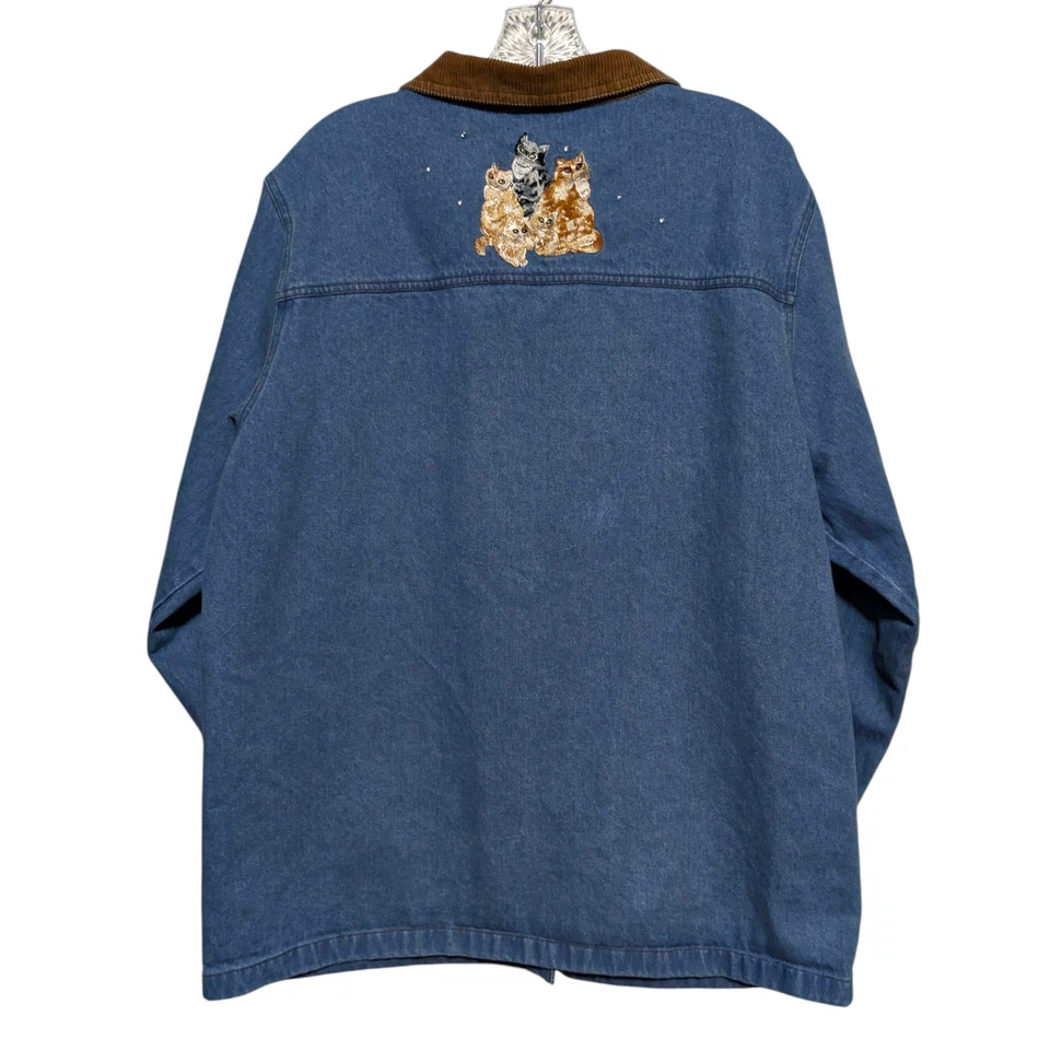 Abrigo de granero vintage de mezclilla de los años 90 para mujer grande gato bordado cuello de pana Foto 2 de 4