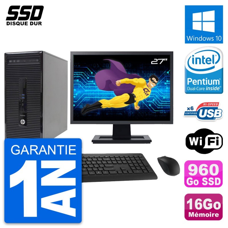 PC Tour HP 400 G2 MT Ecran 27" Pentium G3220 RAM 16Go SSD 960Go Windows 10 Wifi