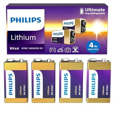 Philips 9V Lithium Battery 4 Pack Ultra Long Lasting Smoke Detector Alarm