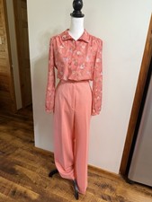Vintage 70s Salmon Flared Bellbottom Pants  Shirt Boho Hippie M Disco