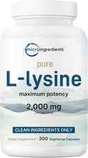 Pure L-Lysine 2,000mg, 300 Veggie Capsules | Maximum Potency, Easily Absorbed, F