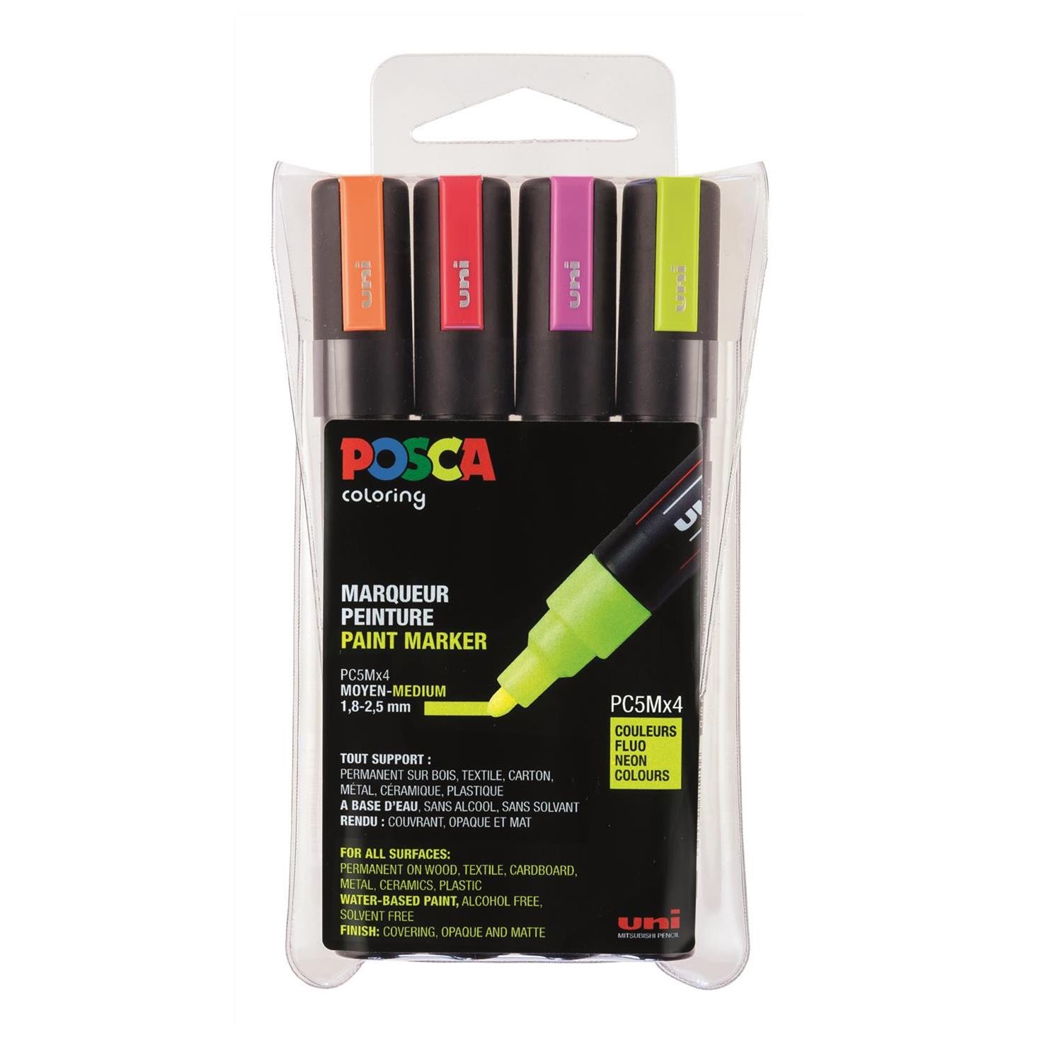 Set de 4 Marqueurs PC5M Posca aux couleurs assorties avec pointe conique pour dessin