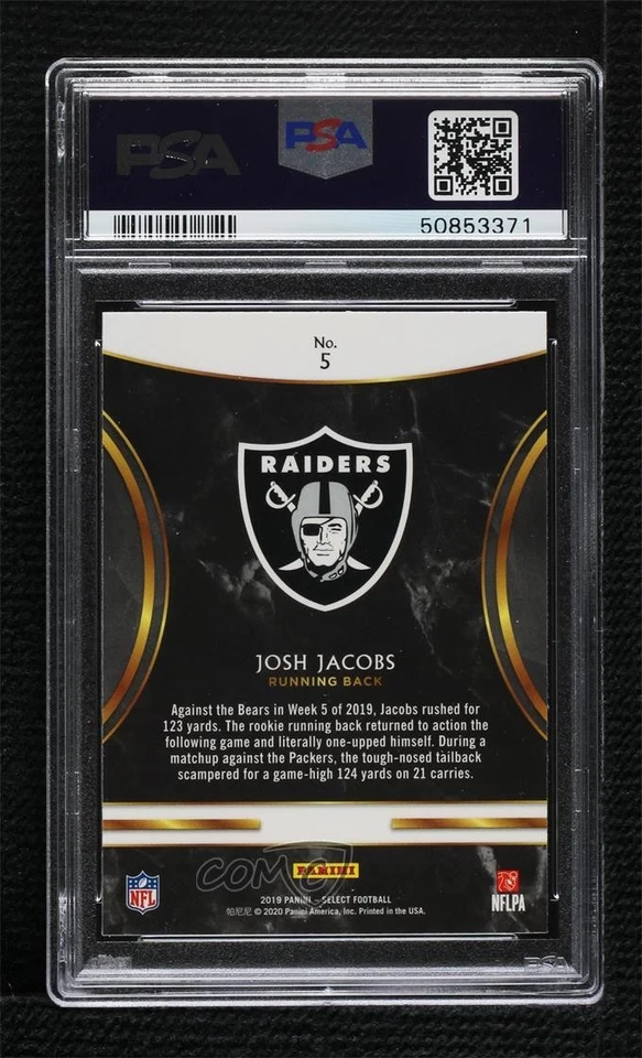 2019 Panini Select Rookie Selections Josh Jacobs #5 PSA 10 GEM MT RC - Image 2 of 2