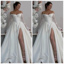 Off Shoulder Satin A Line Wedding Dresses Side Slit Corset Bridal Gowns Lace