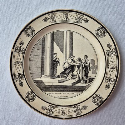 2 antike französische Transferdruck Teller Histoire Romaine Creil um 1830