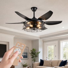 52'' Ceiling Fan with LED Light Modern Black Caged Industrial Remote Control Kit