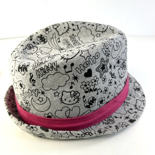 Hello Kitty Fedora Hat Gray Black Pink Bow Sanrio Cat Youth Jersey Knit - Picture 6 of 13