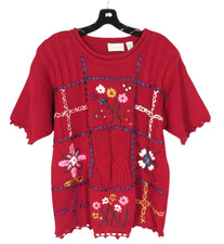 VTG SHENANIGANS Red BEADED FLORAL EMBROIDERED Eyelet COTTAGECORE Knit Sweater L