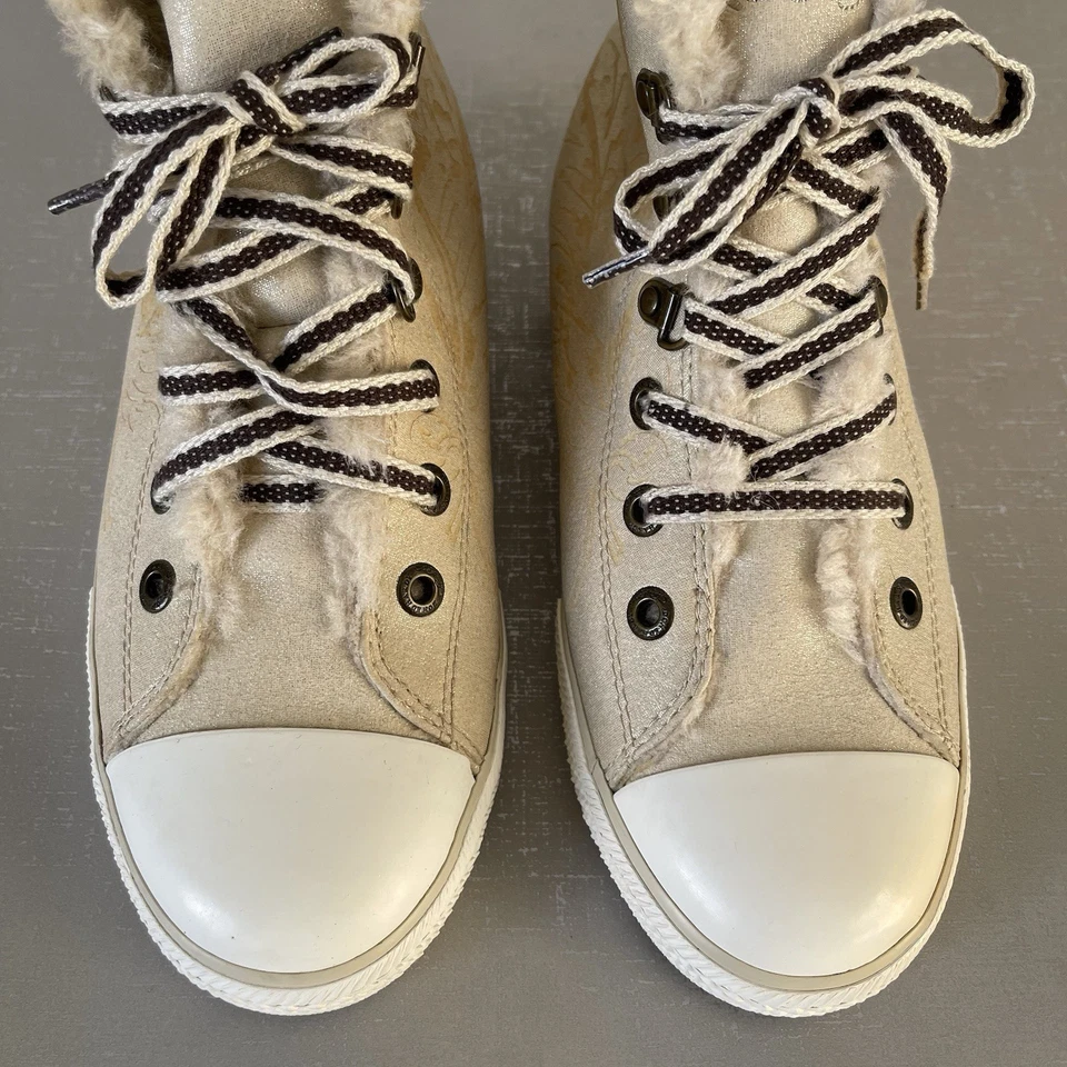 Don Ed Hardy Women's High Top Faux Fur Lined Sneaker Shoes US 8 Cream Metallic - Image 4 of 4