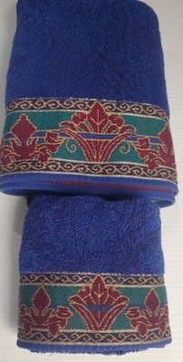 Bathroom Towel Set-Fieldcrest-Royal Velvet-Bath/Hand Towels USA-Navy with Border