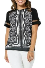 DG2 by Diane Gilman Women's Printed Mixed Media Top Black Paisley