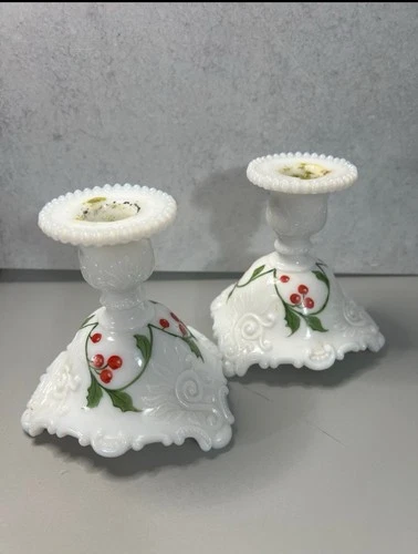 Vintage WESTMORELAND Milk Glass Hand Painted CHRISTMAS HOLLY Candlestick Holders