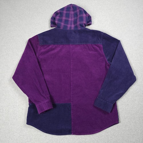 Teddy Fresh Shirt Men Large Purple Corduroy Colorblock Plaid Hood LA Streetwear - Picture 2 of 9