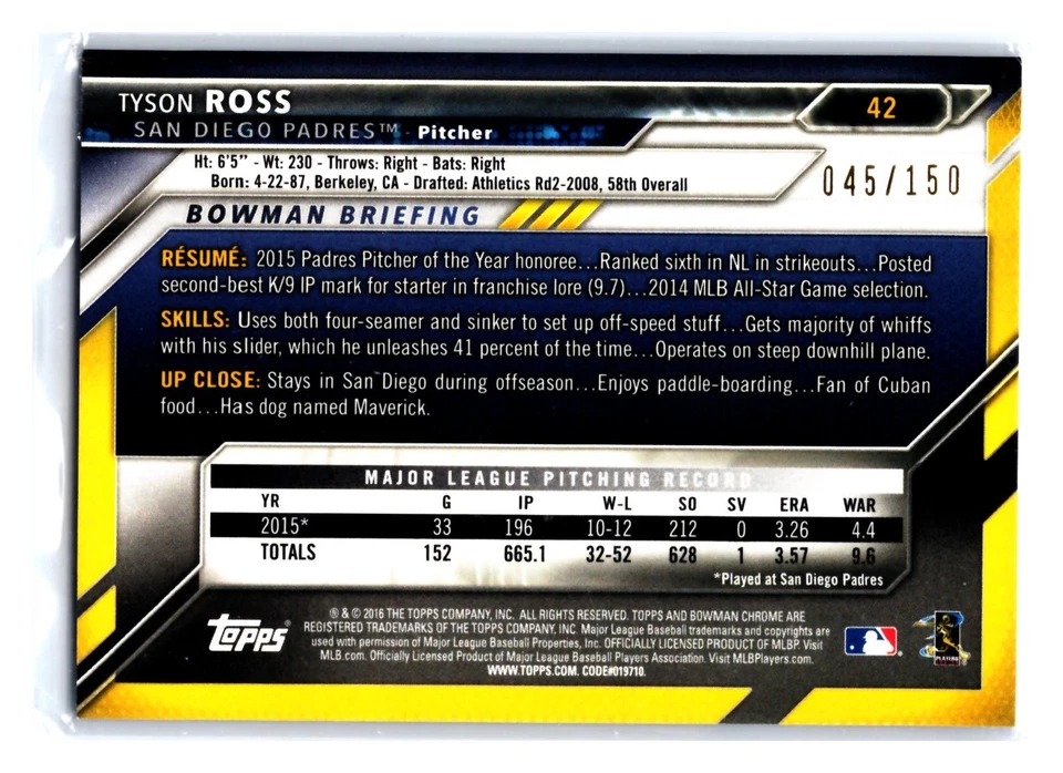 Tyson Ross 2016 Bowman Chrome Blue /150 Refractor #42 San Diego Padres - Image 2 of 2