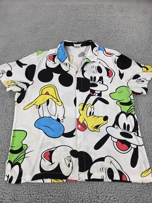 Disney Mickey Mouse Goofy Donald Pluto Shirt Mens Large White Button Front