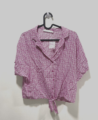 LUSH Women's Short Sleeve Printed Pink Blouse Bottoms Up Size S 01464