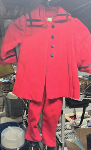 VNT ILGWU 2 PC RED WOOL OUTFIT SET W LEATHER STIRRUPS RE-ENACT