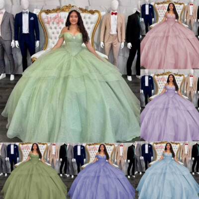Princess Quinceanera Dresses Sweet 15 16 Off Shoulder Bowed Glitter Ball Gowns