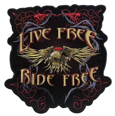 LIVE FREE RIDE FREE LARGE BIKER BACK PATCH WITH GOLD EAGLE IRON ON 12X11 INCH