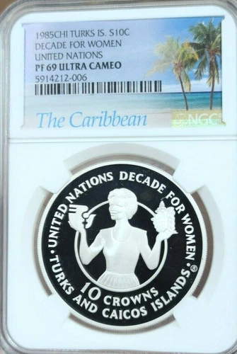 1985 TURKS & CAICOS SILVER 10 CROWNS DECADE FOR WOMEN NGC PF 69 ULTRA CAMEO TOP