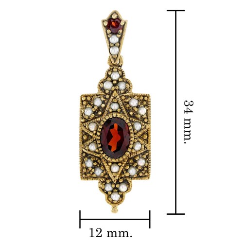9K Yellow Gold Natural Garnet and Pearl Vintage Style Pendant - Picture 5 of 6