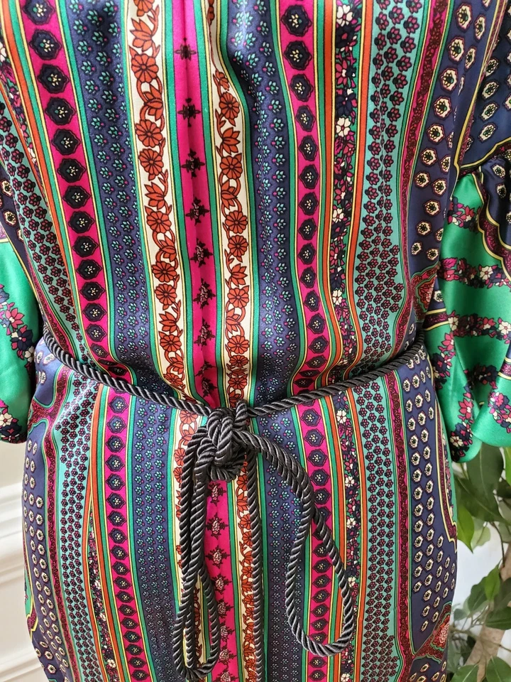 Vestido individual multicolor 100 % seda manga larga cordón cintura lazo hasta la rodilla vestido S Foto 3 de 4