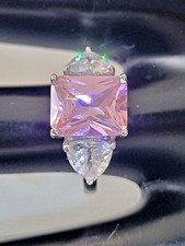 925 STERLING SILVER 10 X 8MM PINK RECTANGLE CZ RING SIZE 6 TRILLION ACCENTS 789