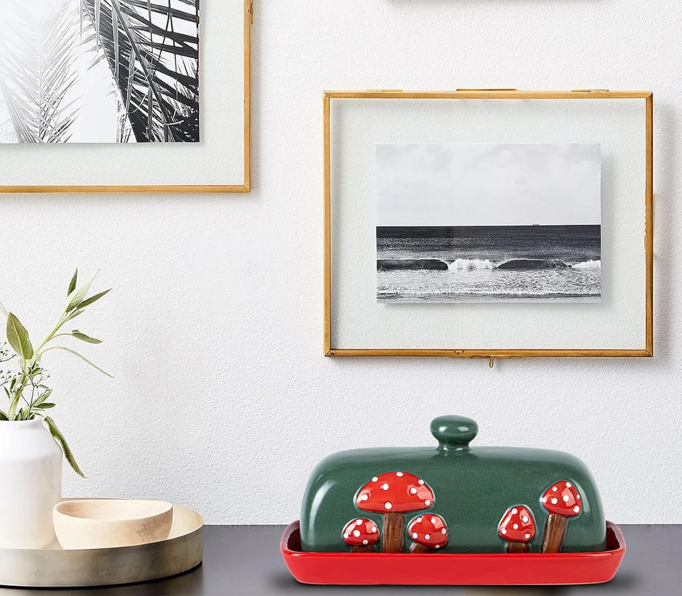 Mushroom Ceramic Butter Dish with Lid for Countertop - Red Container Tray, Large - Image 3 of 4