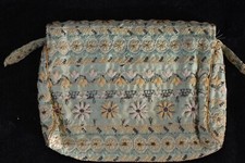 Vintage Green Satin Evening Clutch Bag w/Embroidered Flowers Mirror Strap