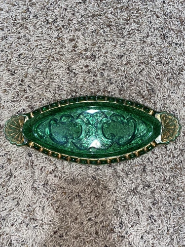 Vintage Depression green glass with gold trim relish boat dish