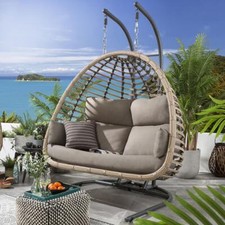 Luxury Garden Double Hanging Egg Chair Beige Outdoor Bamboo 2 Person