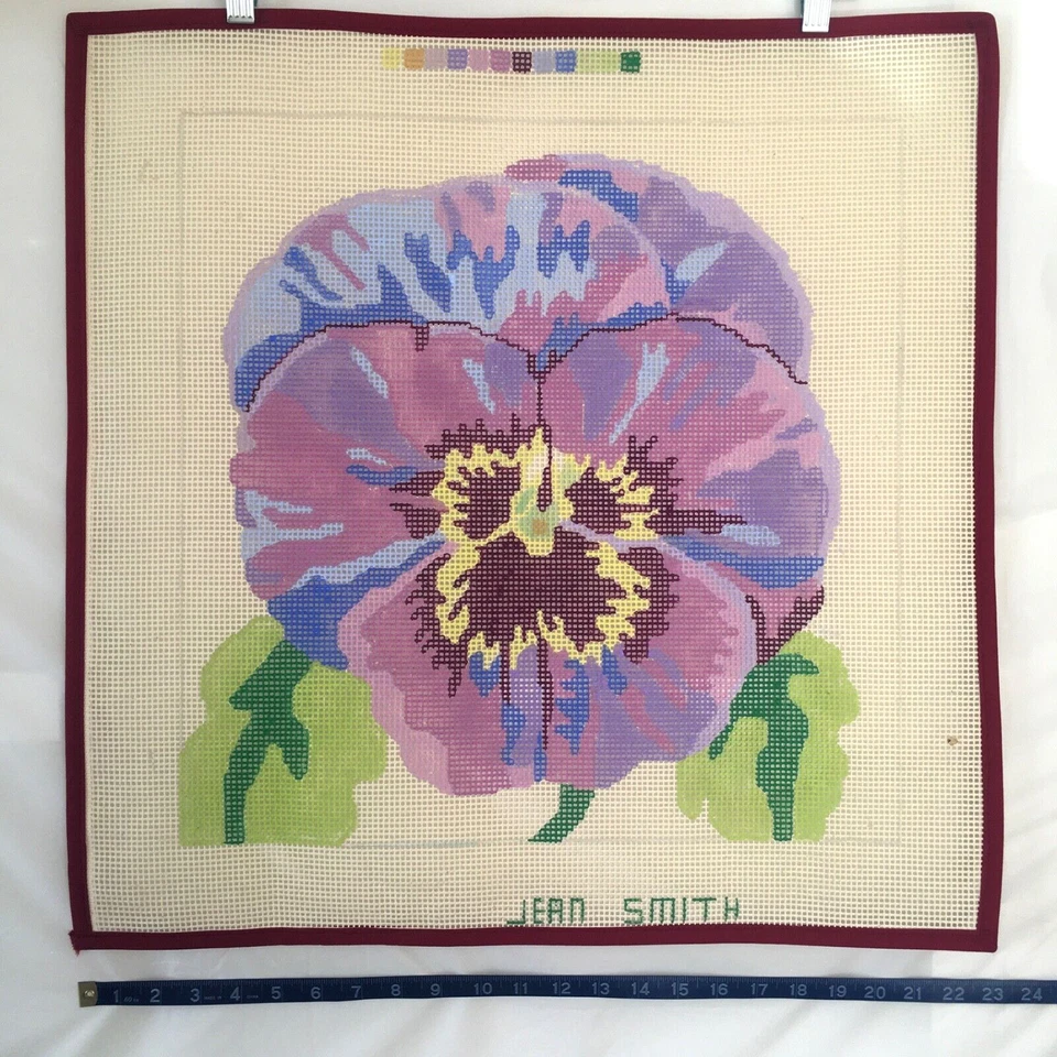 JEAN SMITH Handpainted Needlepoint Canvas Purple Pansy Flower 7 Mesh 18"x18" - Image 3 of 3