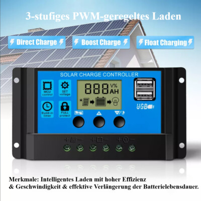 Solar Laderegler 100A PWM Solar Panel Controller Regulator 12V/24V Mit USB