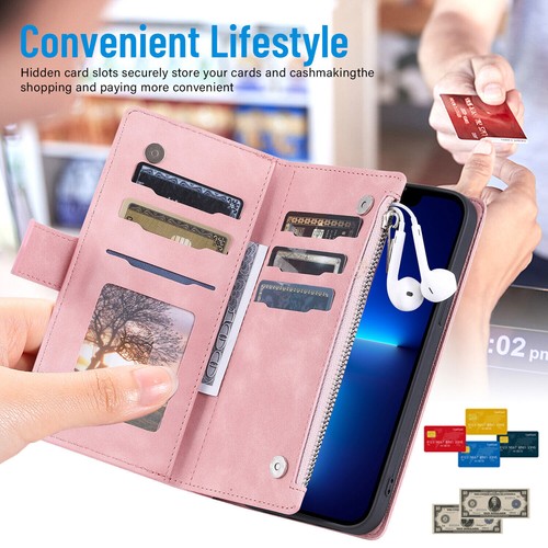 Zipper Grid Leather Wallet Phone Case For iPhone 14 13 12 11 Pro Max X XR SE 8 7 - Picture 10 of 55