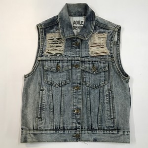Distressed Denim Vest American Flag Cut 